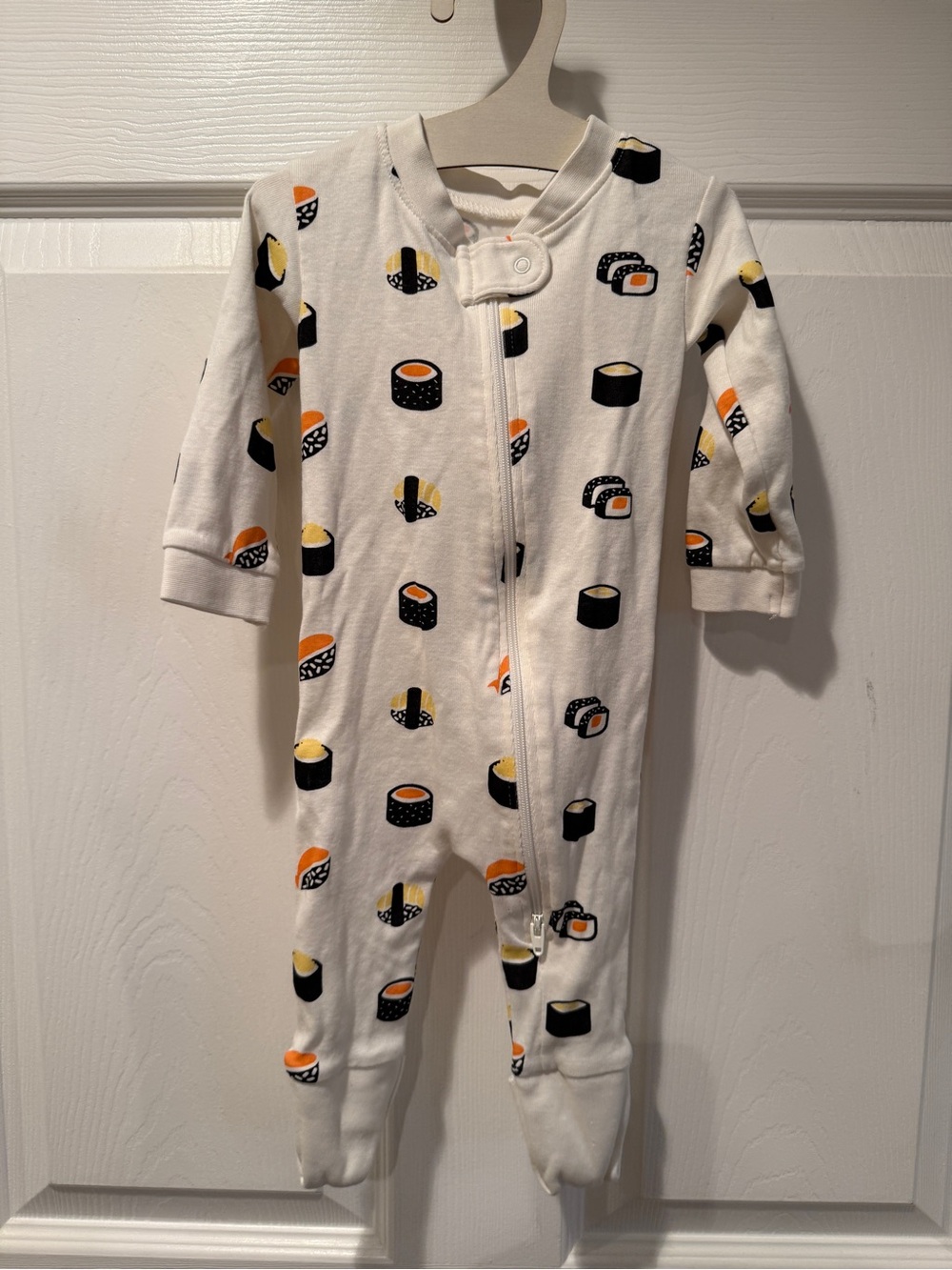 Monica + Andy Footed One-Piece Pajamas in White with Sushi Print 0-3M